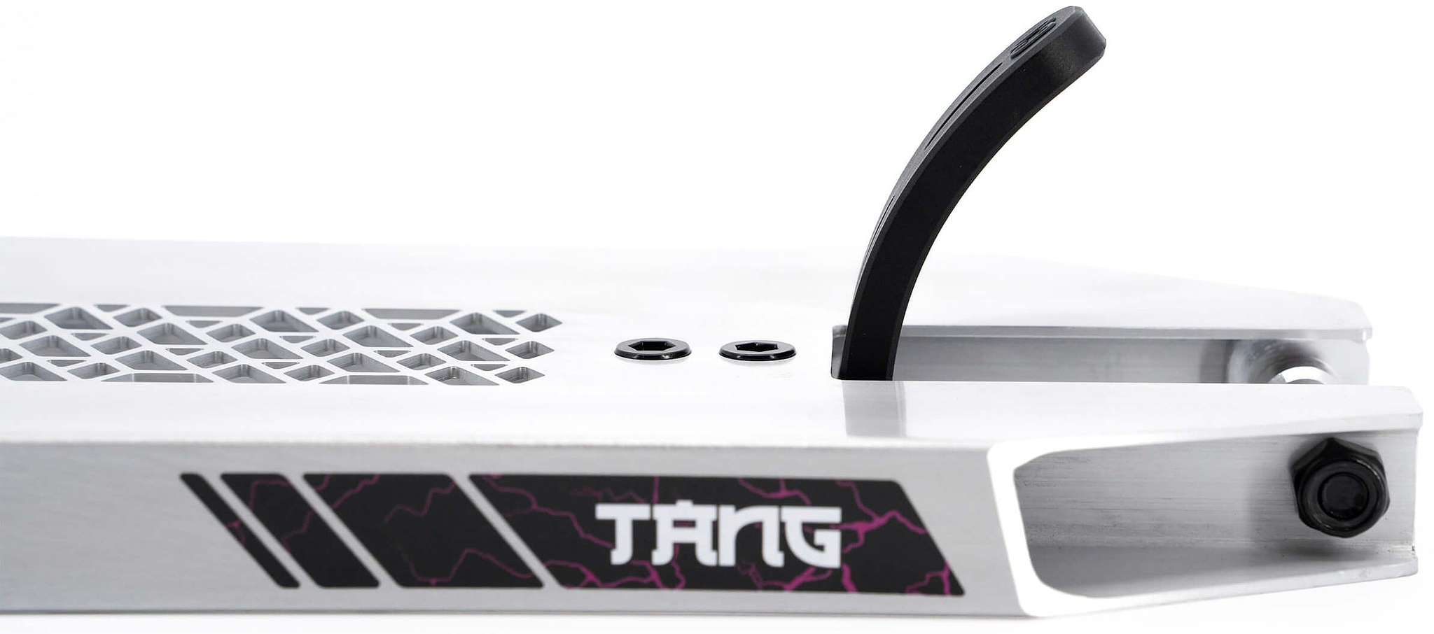 Close-up of the CORE SL3 Forged Brandon Tang Signature Stunt Scooter Deck in silver, measuring 5.25″ x 19.3″, featuring a black brake, geometric cutouts, and distinctive “TANG” logo with pink accents on the side.