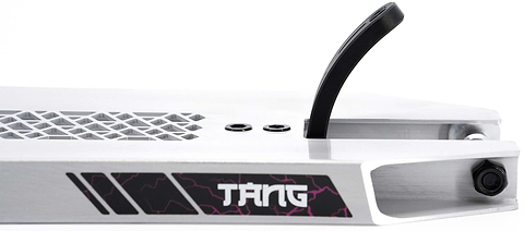 Close-up of the CORE SL3 Forged Brandon Tang Signature Stunt Scooter Deck in silver, measuring 5.25″ x 19.3″, featuring a black brake, geometric cutouts, and distinctive “TANG” logo with pink accents on the side.
