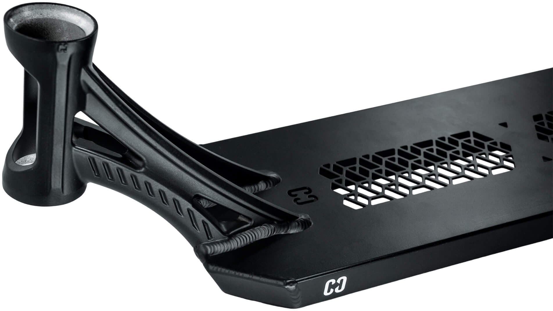 Close-up of the CORE SL3 Forged Black Stunt Scooter Deck (6″ x 21″) by CORE, featuring cut-out hexagonal patterns and a robust forged neck for attaching handlebars—ideal as a park scooter deck.