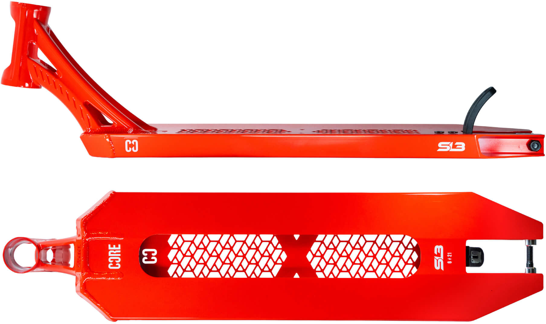Here’s a rewritten version using the given product data: Two views of the CORE SL3 Forged Candy Red Stunt Scooter Deck – 6” x 21”: The bottom view highlights the bold “CORE” branding and a geometric cutout design, emphasizing the deck’s striking style. In the side view, “S3” appears near the end next to a curved brake above the wheel area. Crafted by CORE, this premium 6-inch wide scooter deck delivers both exceptional strength and impressive visual appeal.