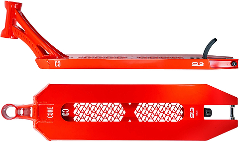 Here’s a rewritten version using the given product data: Two views of the CORE SL3 Forged Candy Red Stunt Scooter Deck – 6” x 21”: The bottom view highlights the bold “CORE” branding and a geometric cutout design, emphasizing the deck’s striking style. In the side view, “S3” appears near the end next to a curved brake above the wheel area. Crafted by CORE, this premium 6-inch wide scooter deck delivers both exceptional strength and impressive visual appeal.