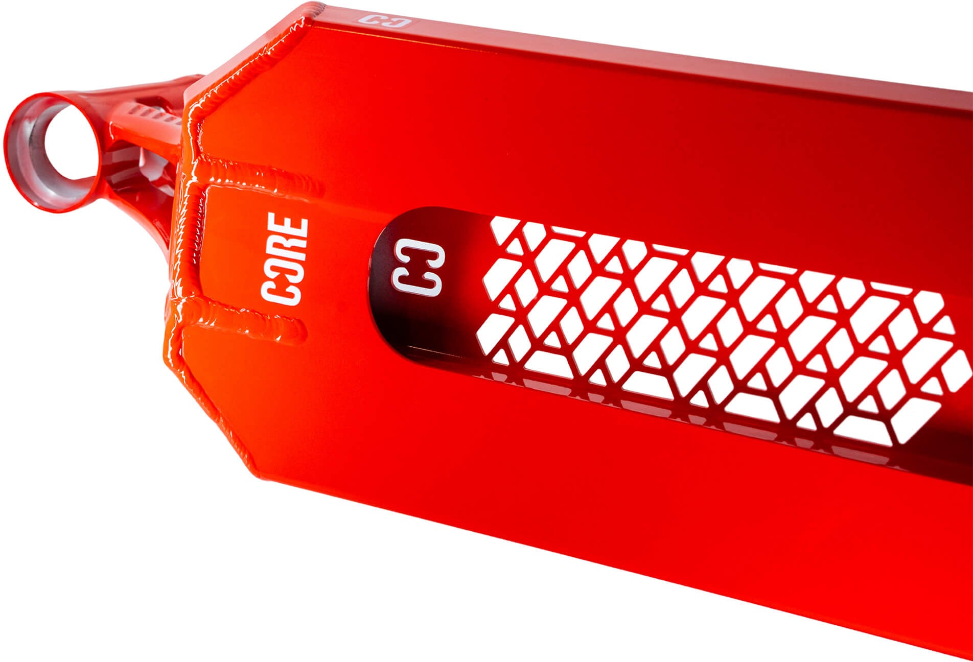 Close-up of the vibrant candy red CORE SL3 Forged Candy Red Stunt Scooter Deck by CORE, featuring a hexagonal cutout pattern and marked with “CORE” and “C3.” This eye-catching 6″ x 21″ scooter deck is engineered for top-tier stunt performance.