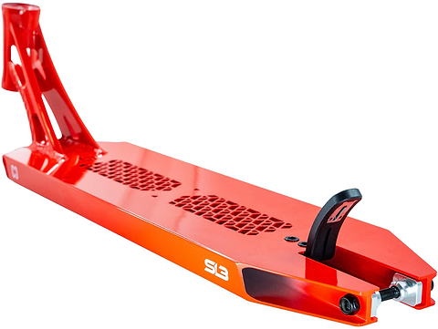 A close-up of the CORE SL3 Forged Candy Red Stunt Scooter Deck by CORE, measuring 6″ x 21″, featuring geometric cutouts, a black brake, and silver axle hardware—shown on a white background.