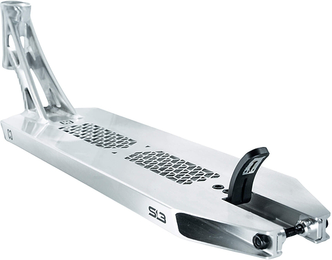 A close-up of the CORE SL3 Forged Polished Stunt Scooter Deck by CORE, measuring 6″ x 21″, featuring a geometric grip pattern, an angled neck design, and an attached black fender over the rear wheel area.