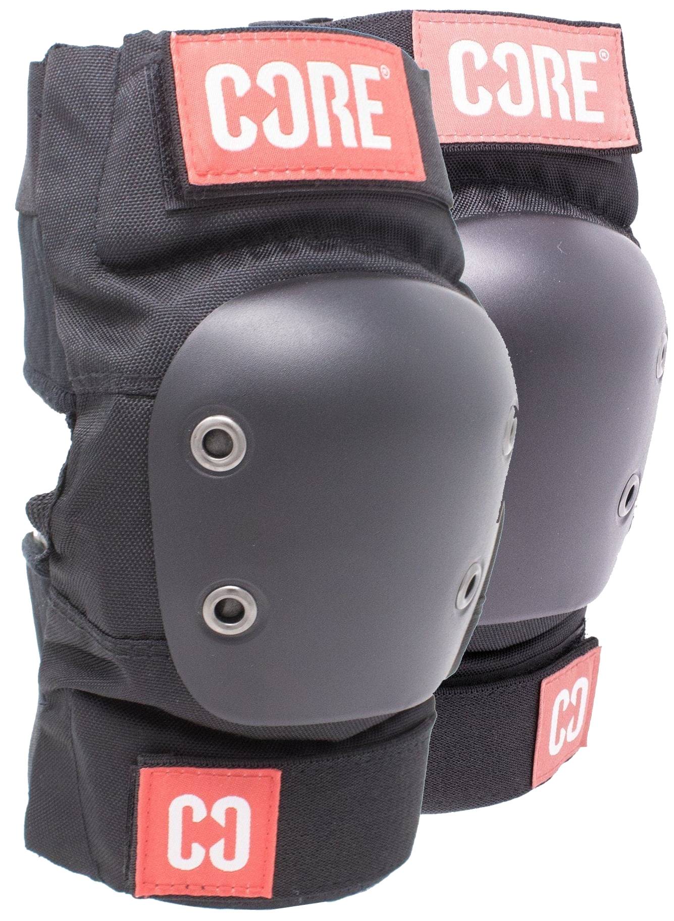 A pair of black knee pads with hard plastic shells and red labels featuring the white “CORE” and “CC” logos, perfect for skateboard protection and an ideal match for CORE Street Elbow Skate Protection Pads from CORE.
