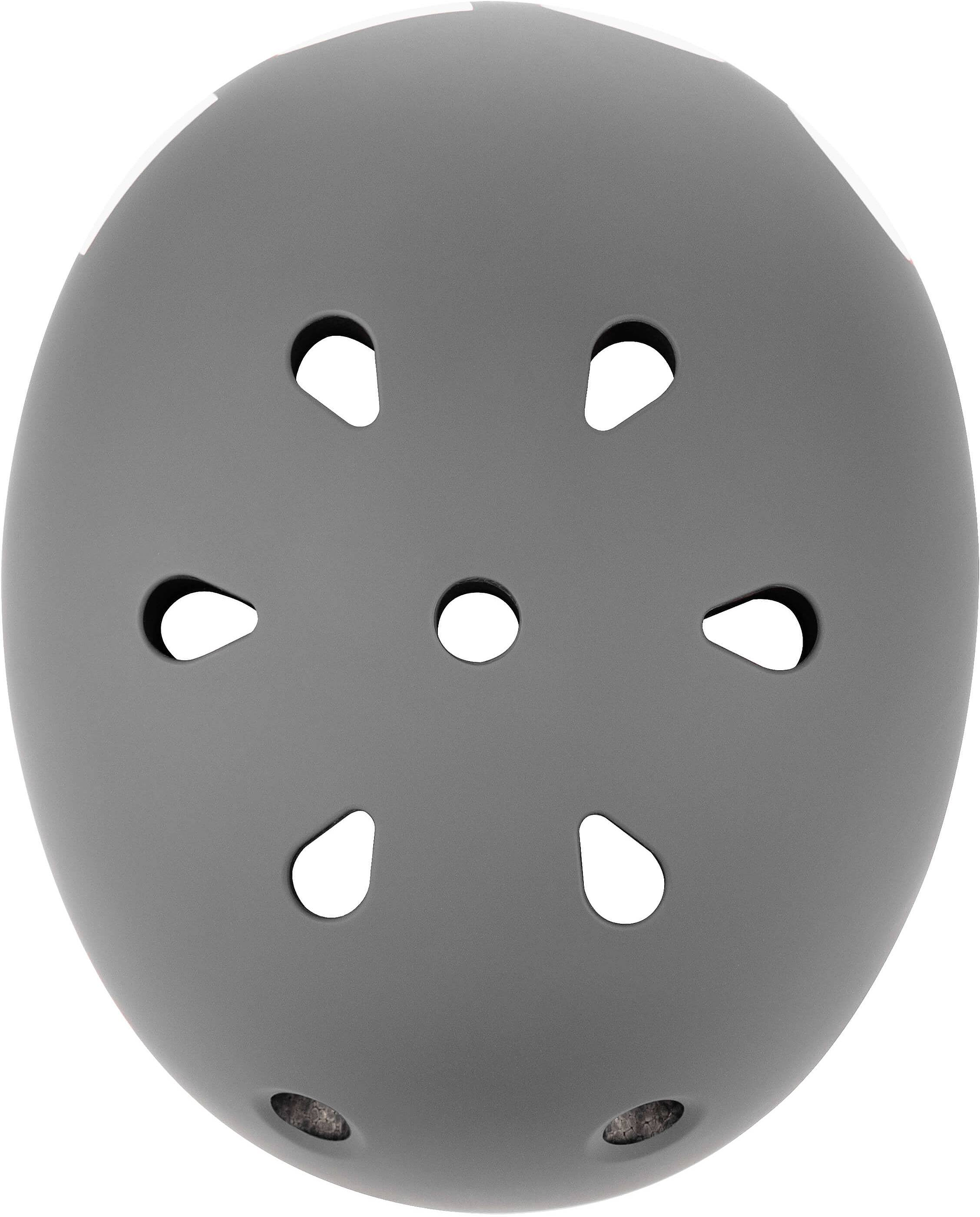 The CORE Street Skate / Scooter Helmet - Grey by CORE is shown from above, highlighting its six teardrop-shaped ventilation holes and a central small circular vent. This helmet features a smooth, matte outer surface and is designed for optimal comfort and protection with a best-fitting design.