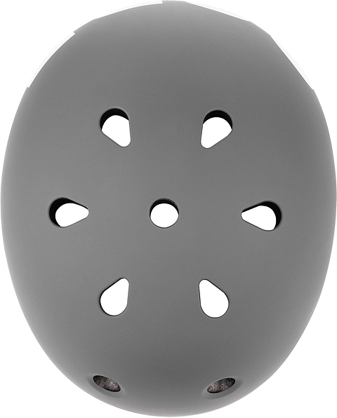 The CORE Street Skate / Scooter Helmet - Grey by CORE is shown from above, highlighting its six teardrop-shaped ventilation holes and a central small circular vent. This helmet features a smooth, matte outer surface and is designed for optimal comfort and protection with a best-fitting design.