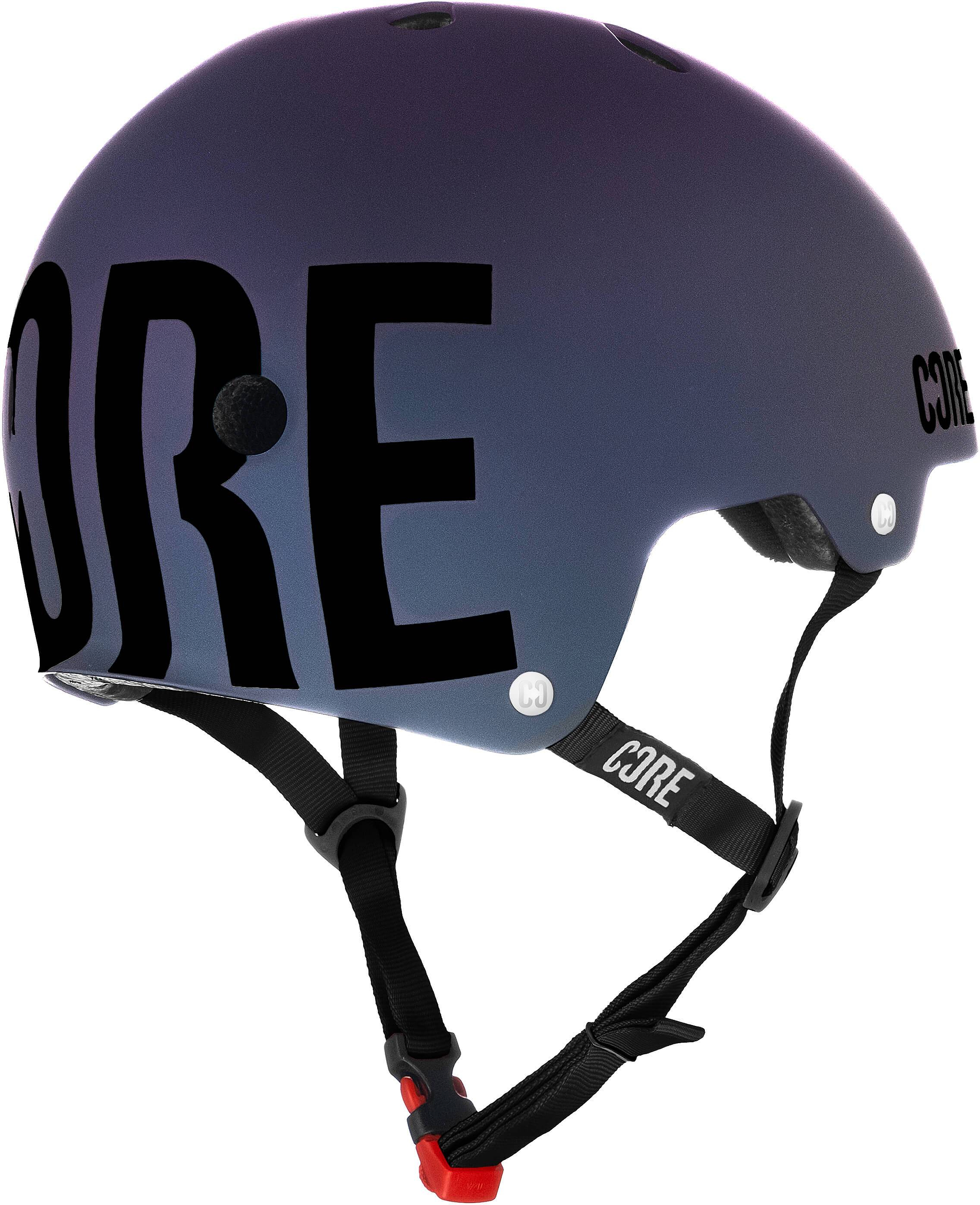The CORE Street Skate / Scooter Helmet - Neo / Black by CORE features a matte black and blue finish, prominent “CORE” branding on the side, adjustable straps, ventilation holes, and a red buckle—making it an ideal choice for dependable protection and style as a skate or street helmet.