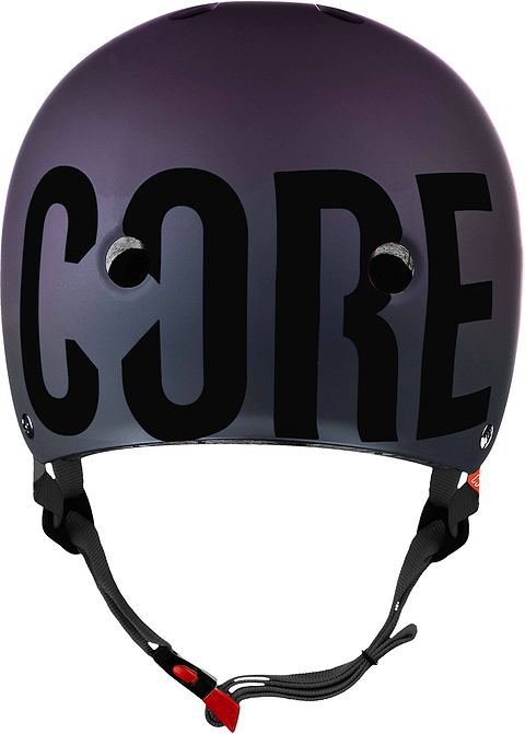 Introducing the CORE Street Skate / Scooter Helmet - Neo / Black: a matte black helmet with bold “CORE” branding on the back, complete with a secure chin strap and two ventilation holes—ideal for those wanting both protection and signature CORE style.