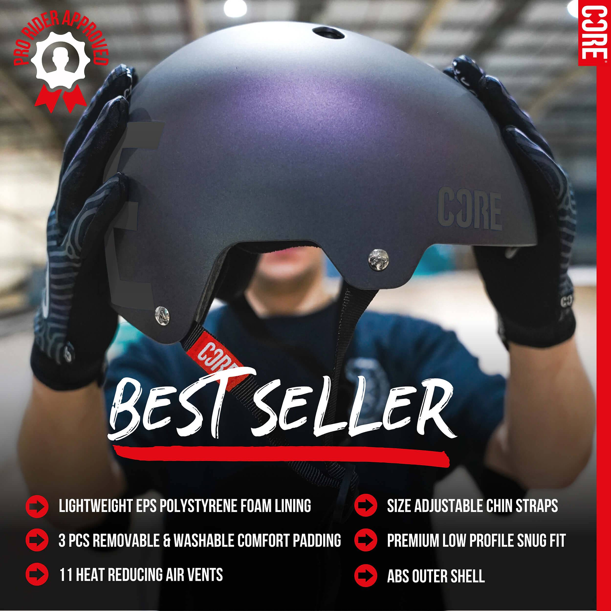A person holds the CORE Street Skate / Scooter Helmet - Neo / Black by CORE while wearing gloves, showcasing its lightweight foam lining, adjustable straps, washable padding, air vents, and tough ABS shell. This versatile helmet offers riders premium protection and comfort for skateboarding or scootering. Text displays “BEST SELLER” with key product benefits featured below.