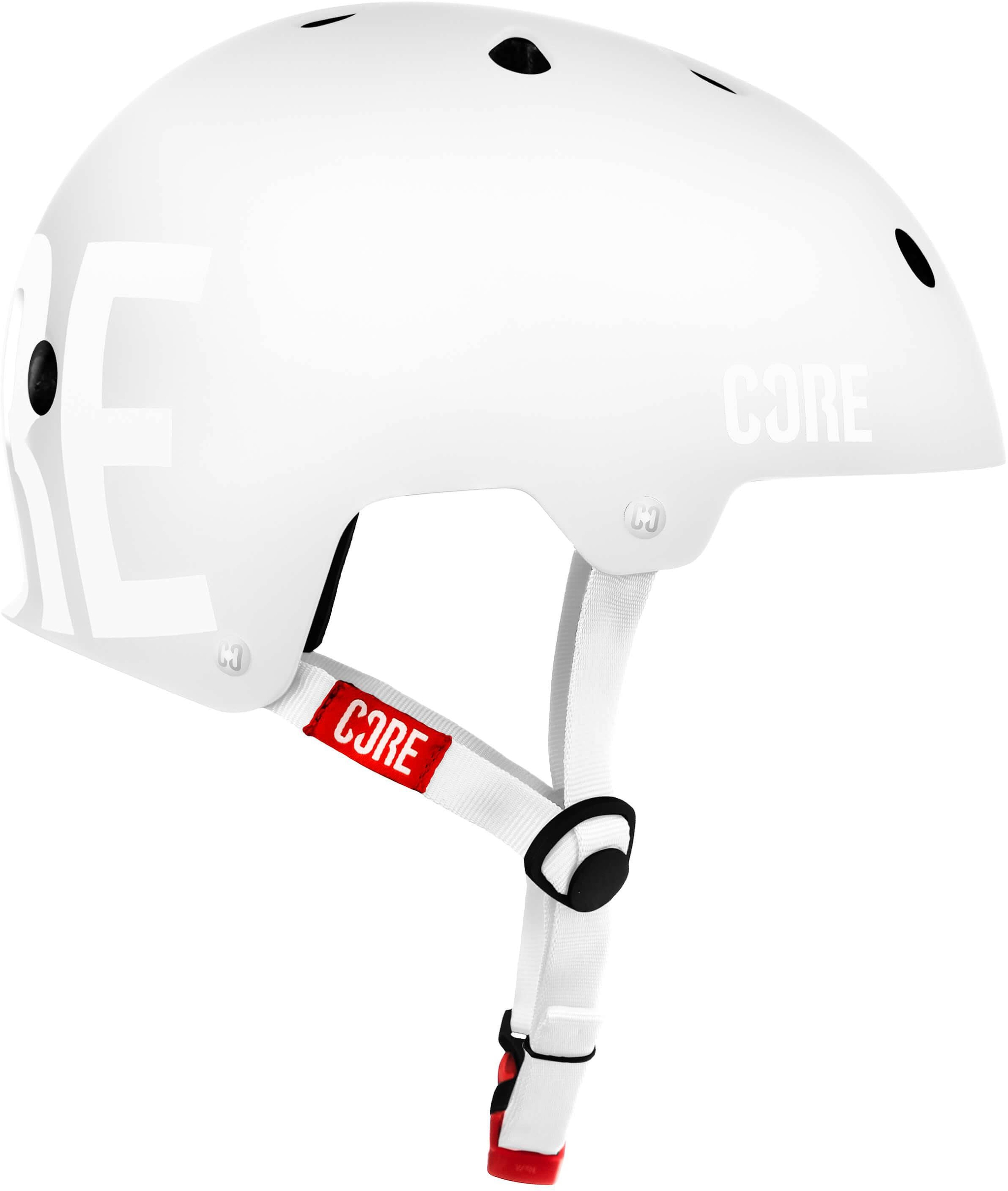 A grey CORE Street Skate / Scooter Helmet by CORE, designed for skating, features a red and white adjustable chin strap, black interior padding, and air vents for optimal comfort—photographed from the side.
