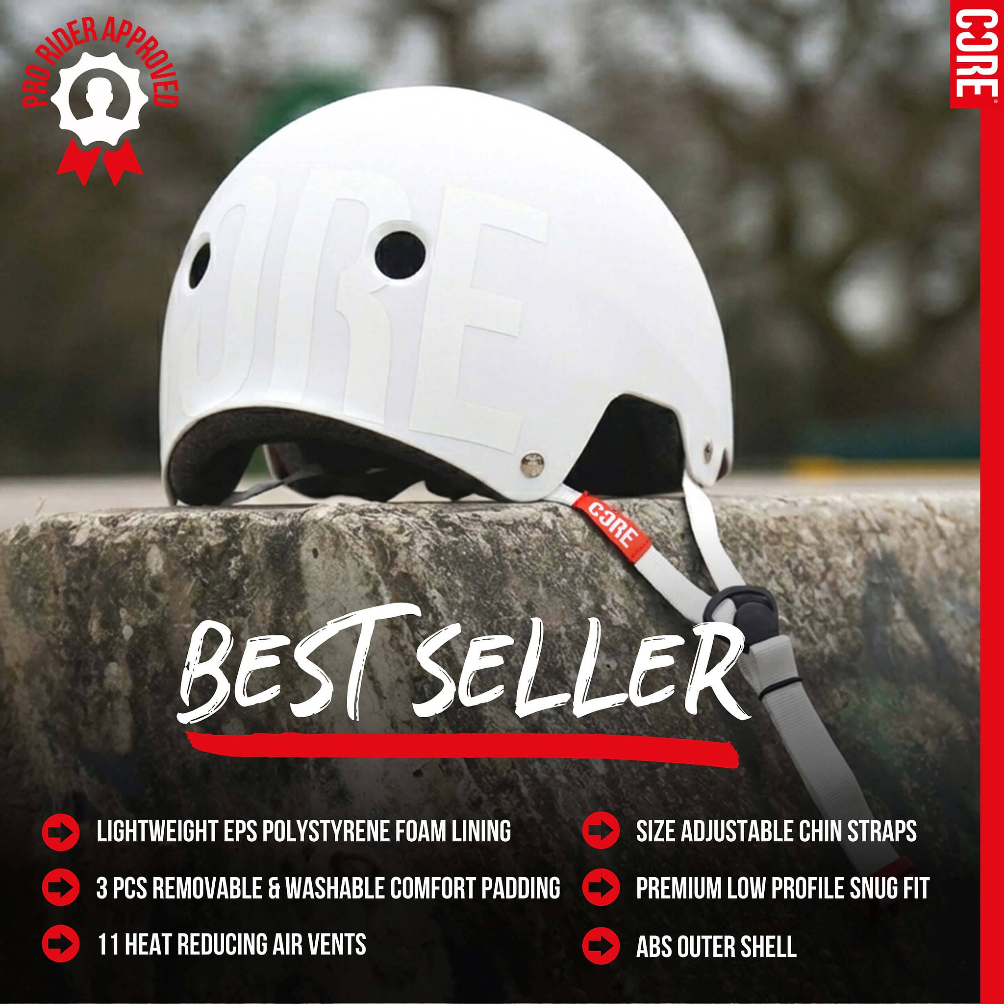 A grey CORE Street Skate / Scooter Helmet featuring the iconic “CORE” branding rests on grass. Highlighted as a best seller, it boasts a lightweight EPS foam liner, 11 air vents for optimal airflow, washable padding, a low-profile fit, adjustable chin straps, and a tough ABS shell—everything you’d expect from CORE helmets engineered for the street.