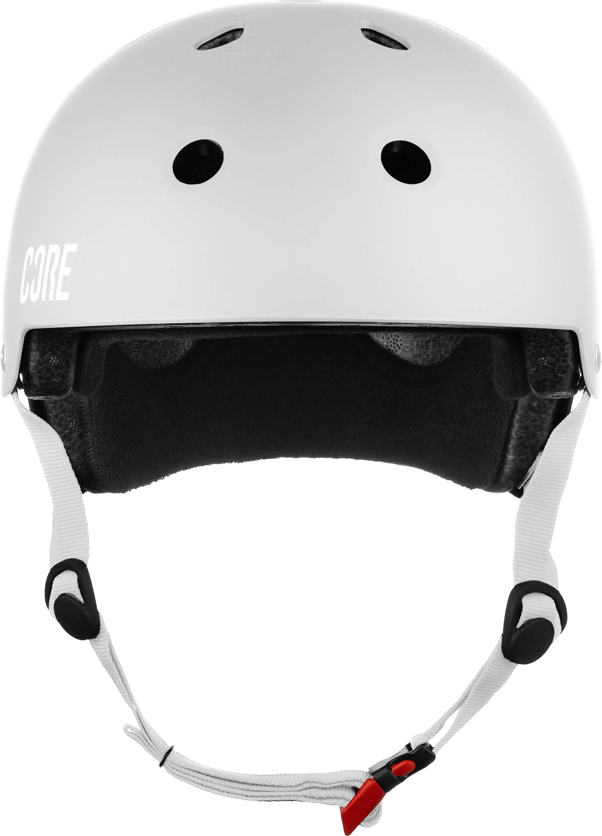 A grey CORE Street Skate / Scooter Helmet featuring ventilation holes, black inner padding, white adjustable straps, and a red buckle. The word “CORE” is printed on the side, making it an ideal helmet for both style and protection.