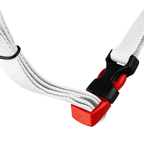 Close-up of a white woven strap with a red and black plastic buckle fastener attached, as featured on the CORE Street Skate / Scooter Helmet - Grey by CORE, isolated on a white background.