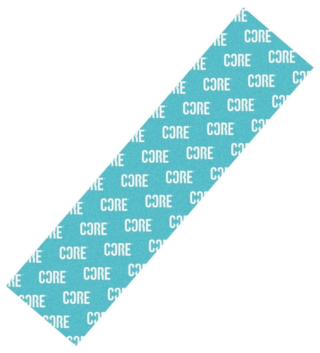 Introducing the CORE Classic Stunt Scooter Griptape in a striking teal shade, featuring the "CORE" logo printed repeatedly in white. This griptape offers a sleek design perfect for personalizing your Stunt Scooter with the distinctive style of CORE Classic Griptapes.