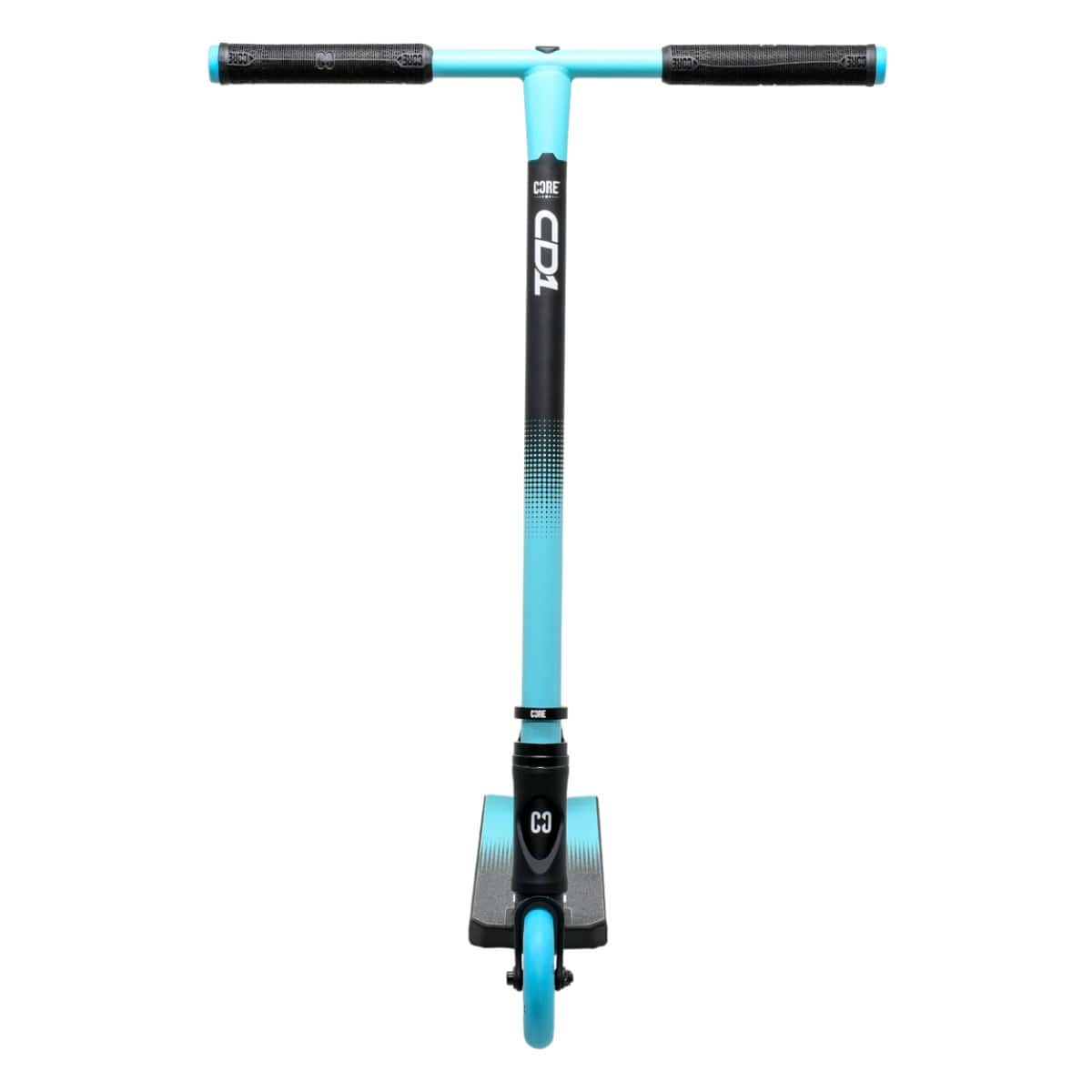 Get a front view look at the premium CORE CD1 Complete Stunt Scooter, designed for beginner riders and showcasing a blue and black color scheme. It features a T-shaped handlebar with a single front wheel. The vertical stem prominently displays the "CORE" branding, while its sleek deck is black enhanced with blue accents.