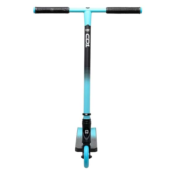 Get a front view look at the premium CORE CD1 Complete Stunt Scooter, designed for beginner riders and showcasing a blue and black color scheme. It features a T-shaped handlebar with a single front wheel. The vertical stem prominently displays the "CORE" branding, while its sleek deck is black enhanced with blue accents.