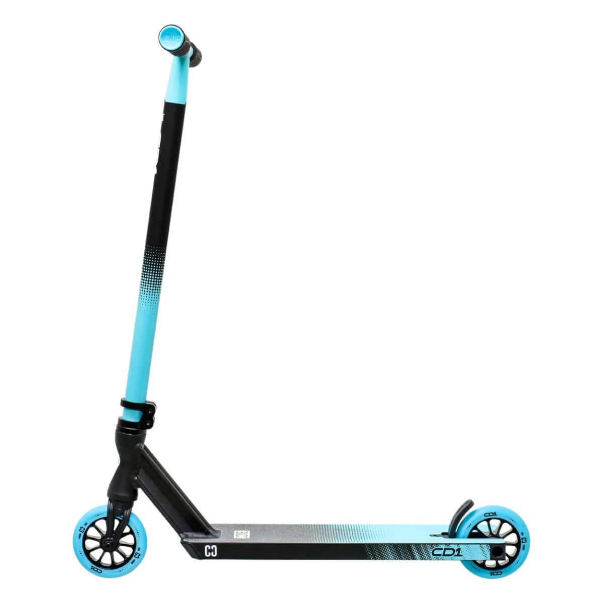 The CORE CD1 Complete Stunt Scooter by CORE features a sleek black and blue gradient design, perfect for beginner riders. It includes a sturdy deck, handlebars with grips, and two vibrant blue wheels. The scooter's upright position highlights its high-quality, streamlined aesthetic.