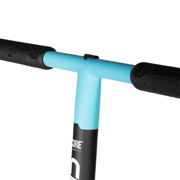 Detailed view of a premium scooter handlebar featuring a blue T-bar and black grips set against a white background. Ideal for novice riders, the word "CORE" is partially visible on the stem of the CORE CD1 Complete Stunt Scooter.