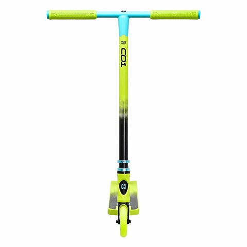 The CORE CD1 Complete Stunt Scooter - Lime / Teal is a vibrant product with a handlebar and grips in a blue and green gradient. It has a predominantly black deck with green accents, made from lightweight aluminum for durability. Designed with a sleek and modern appearance, it features one front wheel, making it ideal for beginner riders.