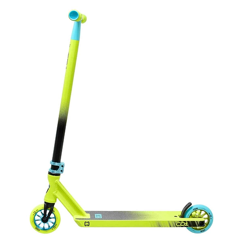 Introducing the CORE CD1 Complete Stunt Scooter in Lime/Teal by CORE, featuring neon green handlebars and a solid black aluminum deck. The scooter comes with blue wheels and handlebars that sport a sleek black gradient effect. Its modern, sporty frame design is ideal for beginner riders eager to leave an impression.