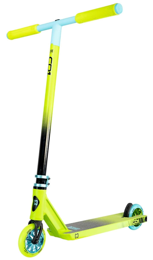 Introducing the CORE CD1 Complete Stunt Scooter by CORE in a striking lime and teal color scheme, ideal for beginner riders. This scooter features a T-shaped handlebar with blue grips, a black gradient stem, teal wheels, and a textured aluminum deck. Its design is sleek and modern, ensuring both style and performance.