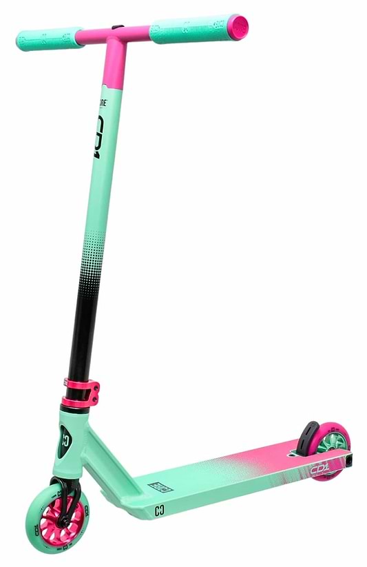 Introducing the CORE CD1 Complete Stunt Scooter by CORE, designed in a chic teal and pink gradient. This scooter is equipped with a durable black and pink eco-friendly handlebar, vibrant pink wheels, and a sleek teal deck. It's the perfect choice for beginner riders who prioritize both performance and style.