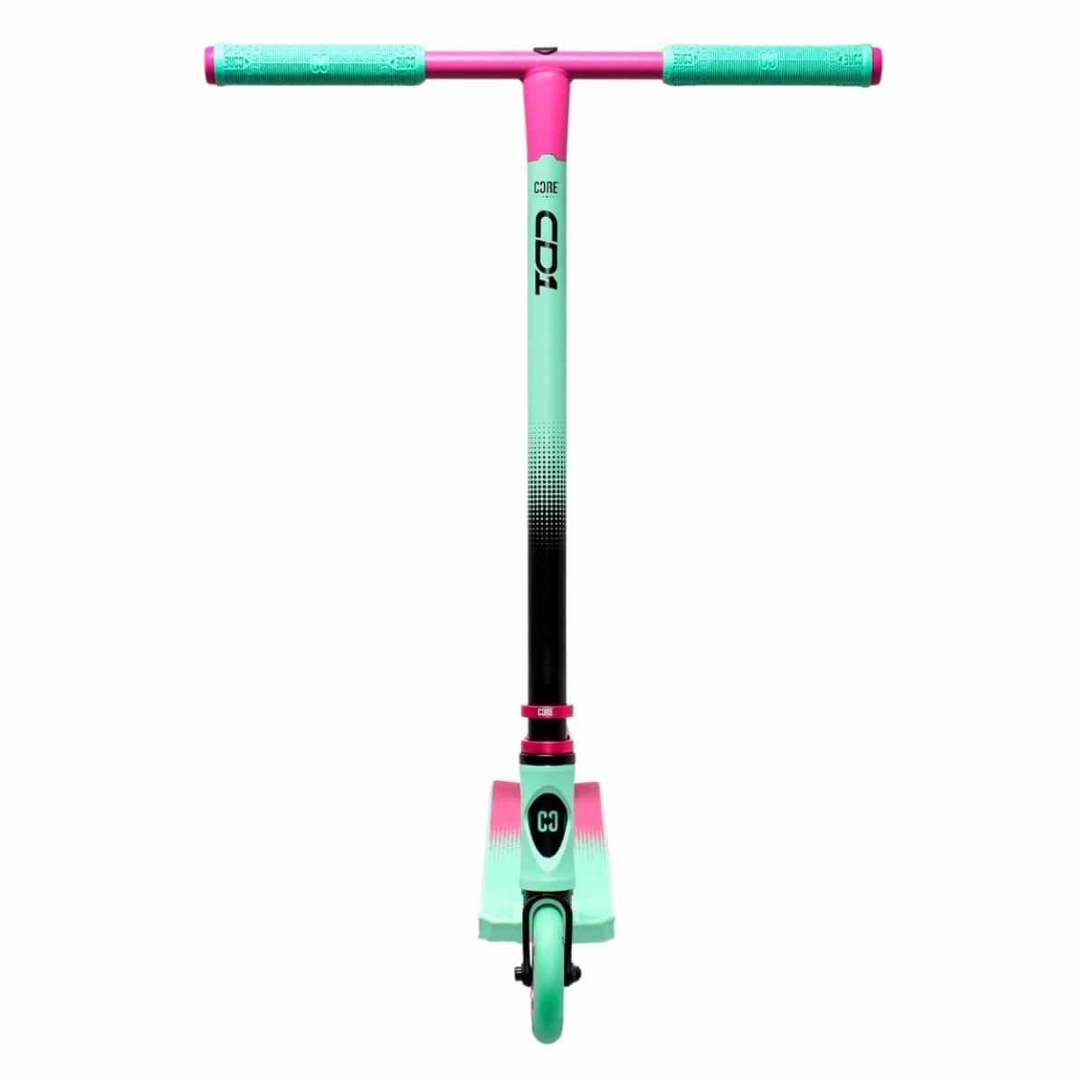 Showcased against a plain white background, the CORE CD1 Complete Stunt Scooter in teal and pink is designed for beginner riders. This sleek scooter features a single front wheel for easy maneuverability, with "CD1" and "CORE" labels on its eco-friendly handlebar and deck.