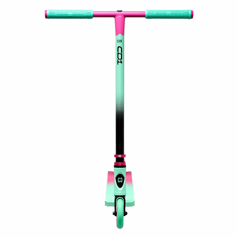 Showcased against a plain white background, the CORE CD1 Complete Stunt Scooter in teal and pink is designed for beginner riders. This sleek scooter features a single front wheel for easy maneuverability, with "CD1" and "CORE" labels on its eco-friendly handlebar and deck.