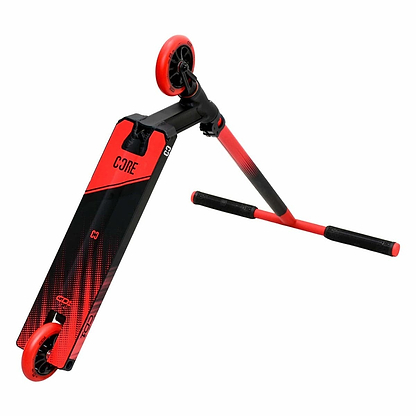 The CORE CD1 Complete Stunt Scooter boasts a sleek red and black design that is perfect for beginner riders. It includes two wheels and handlebars with segments covered in red grip tape. The aluminum deck prominently displays the word "CORE.