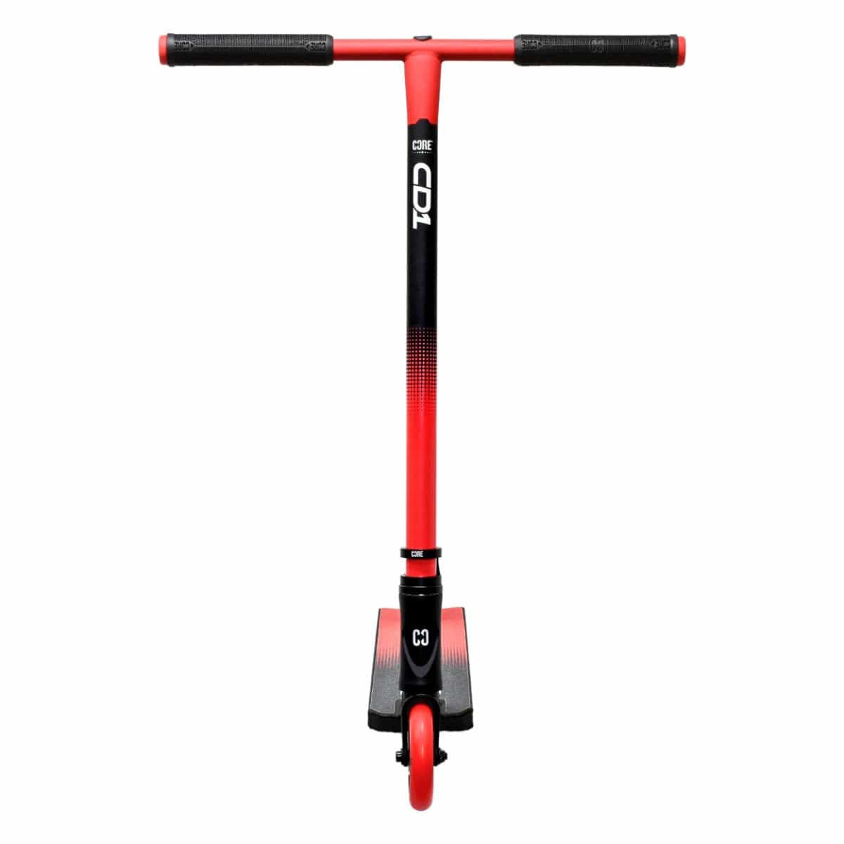 Introducing the CORE CD1 Complete Stunt Scooter in striking red and black, designed for beginner riders. This scooter showcases the iconic "CORE" logo on the T-bar and features "C01" branding on the neck. It comes equipped with black grips, a single front wheel, and an aluminum textured deck. The scooter is photographed standing upright against a white background.