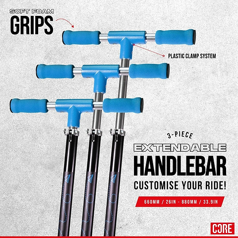 Illustration of three extendable handlebars in a black and blue color scheme, crafted for the CORE Foldy Kids LED Foldable Scooter. These handlebars include soft foam grips and a durable plastic clamp system. The text emphasizes adjustable length options of 660mm (26in) and 880mm (33.9in). Brand logo: CORE.
