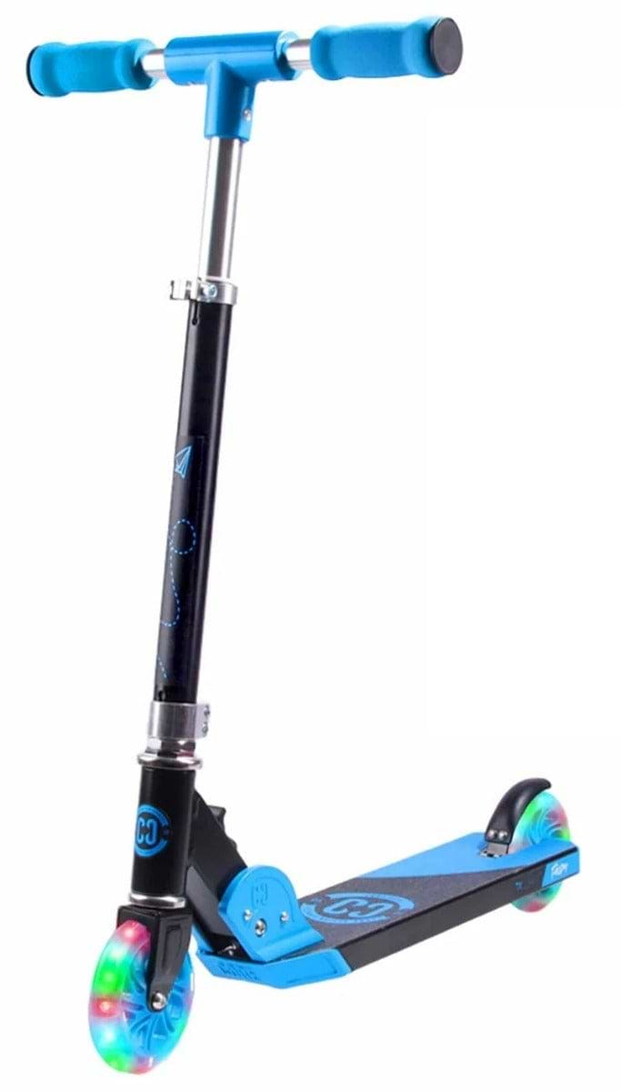 The CORE Foldy Kids LED Foldable Scooter in Black and Blue is designed with an adjustable handlebar and foam grips. It features vibrant LED lights on the wheels in blue, green, and red. With its easy-to-use foldable design and rear wheel foot brake, it's ideal for young adventurers on the move.