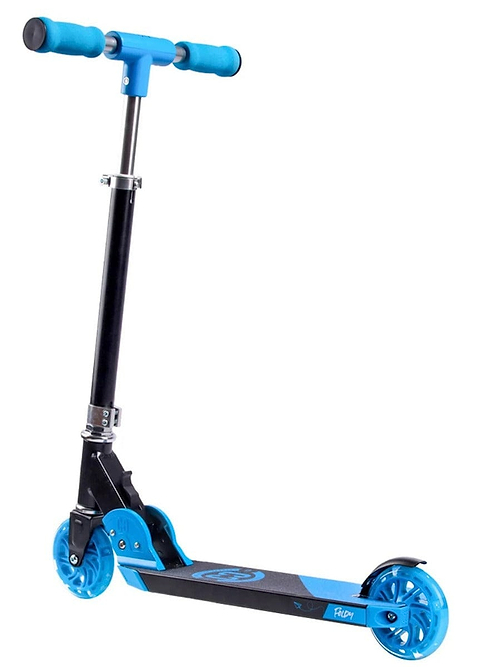The CORE Foldy Kids LED Foldable Scooter in black and blue is showcased, featuring an adjustable handlebar ideal for growing riders. It comes with LED wheels and a deck adorned with a stylized graphic, making it an exciting option for kids on the move.