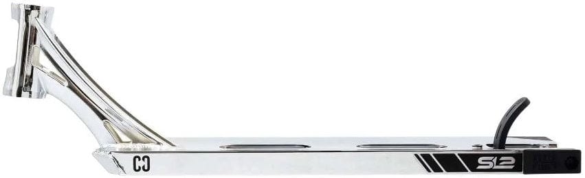 The silver and black inline skate frame, model "S2," features a sleek design with multiple mounting holes and a curved support structure. Its lightweight deck resembles the CORE SL2 Forged Chrome Stunt Scooter Deck – 5" x 20", combining agility with robust strength.