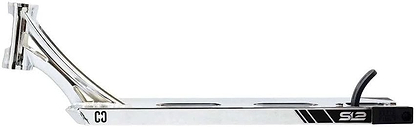 The silver and black inline skate frame, model "S2," features a sleek design with multiple mounting holes and a curved support structure. Its lightweight deck resembles the CORE SL2 Forged Chrome Stunt Scooter Deck – 5" x 20", combining agility with robust strength.