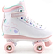 The CREAM Scoop Hearts Adjustable Quad Roller Skates in white and pink feature pastel-colored laces, heart designs on the side, and "CREAM" branding on the ankle strap. Made from vegan leather, these beginner-friendly skates offer a charming look with pastel pink wheels and a matching sole.