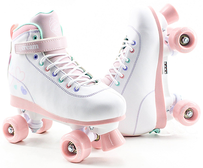 Presenting the CREAM Scoop Hearts Adjustable Quad Roller Skates in White and Pink—crafted from vegan leather, featuring pastel details, rainbow eyelets, and a signature "CREAM" strap. Designed for beginners, these stylish and functional quad skates are showcased in a pair against a white background.