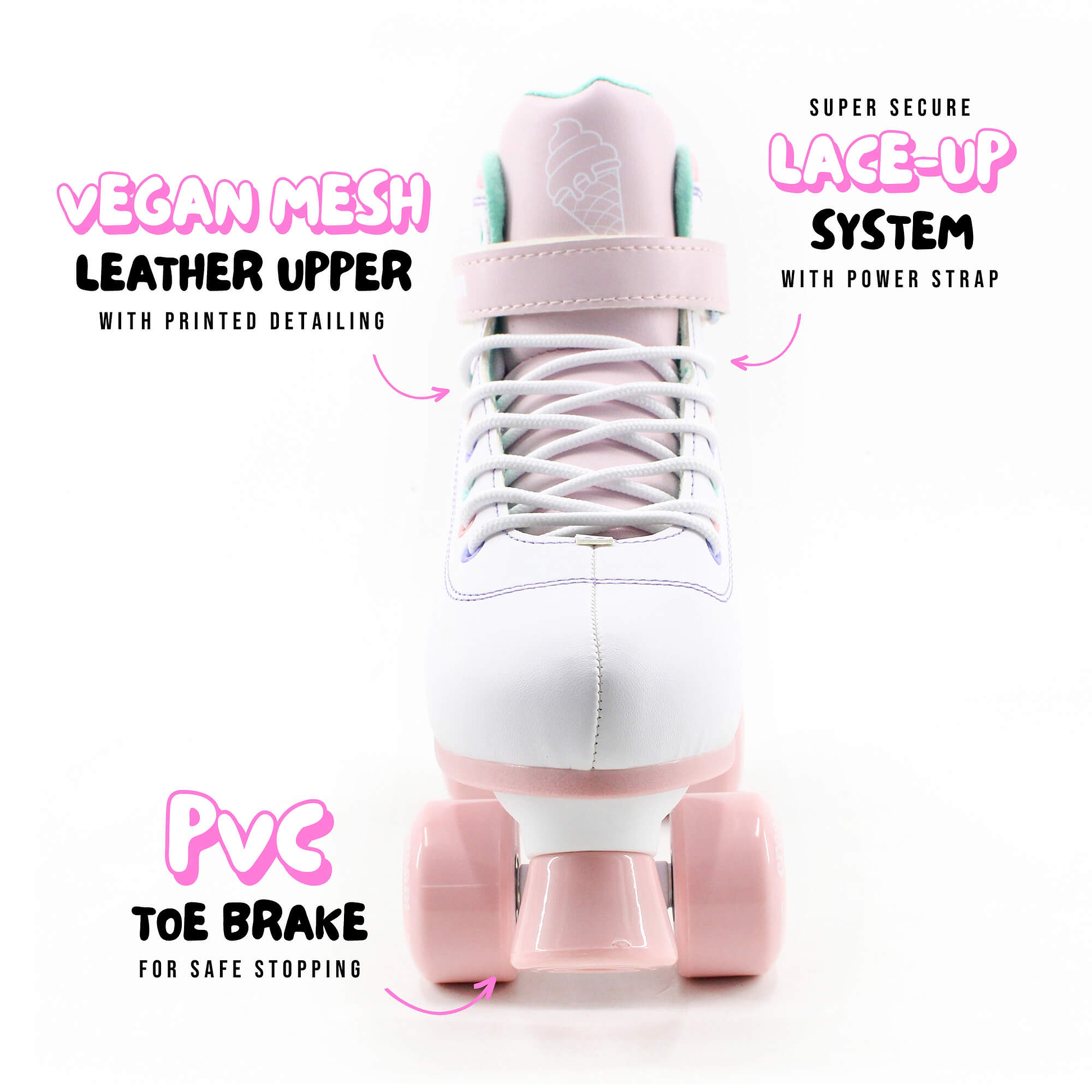 The CREAM Scoop Hearts Adjustable Quad Roller Skates in White and Pink feature a vegan leather and mesh upper, a secure lace-up system, and a durable PVC toe brake for reliable stopping. Designed specifically for beginners, these skates include an adjustable power strap and stylish printed detailing on the upper—blending confidence-boosting comfort with a playful look for new skaters.