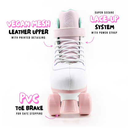 The CREAM Scoop Hearts Adjustable Quad Roller Skates in White and Pink feature a vegan leather and mesh upper, a secure lace-up system, and a durable PVC toe brake for reliable stopping. Designed specifically for beginners, these skates include an adjustable power strap and stylish printed detailing on the upper—blending confidence-boosting comfort with a playful look for new skaters.