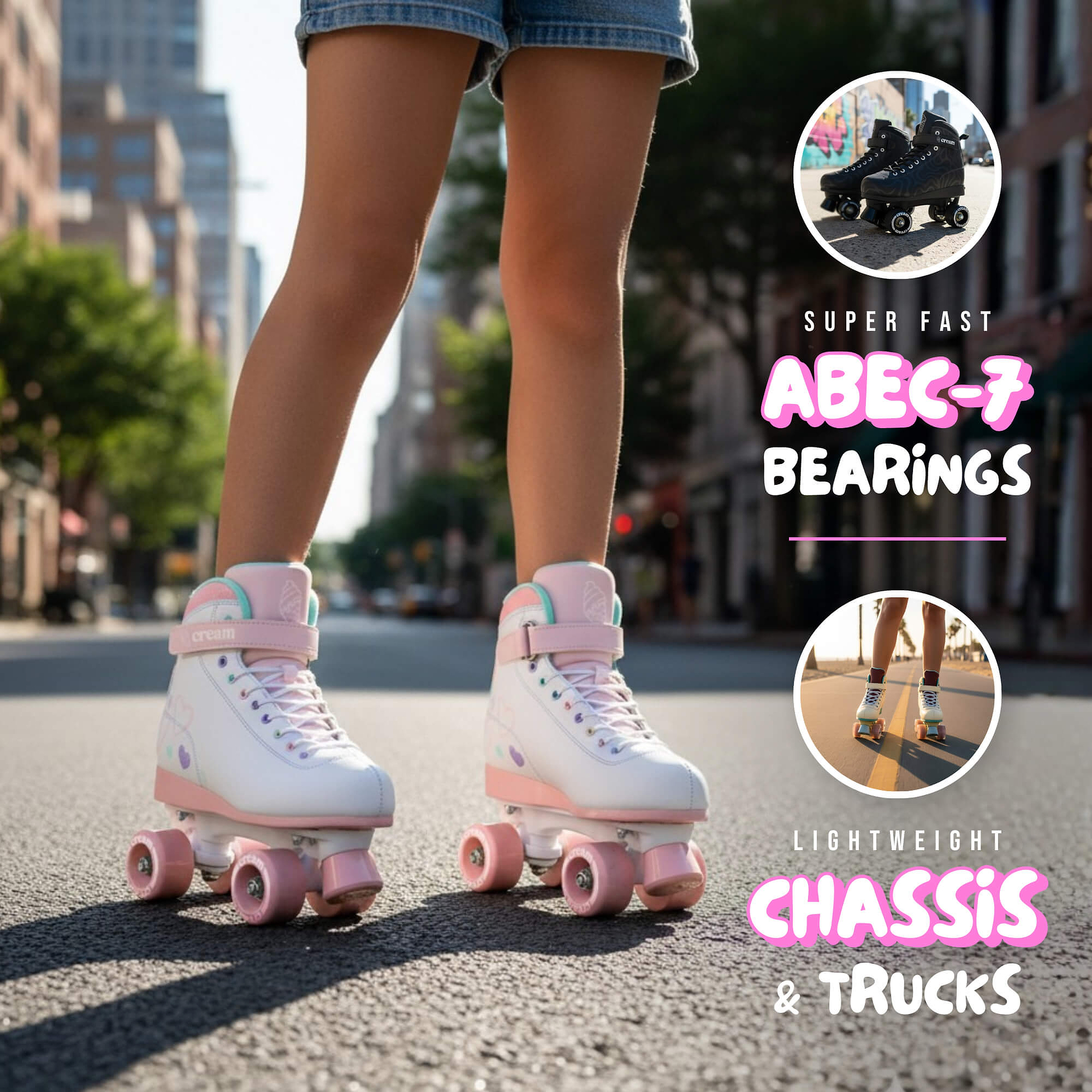 A person wearing CREAM Scoop Hearts Adjustable Quad Roller Skates in white and pink stands on a city street. Text highlights the "Super Fast ABEC-7 Bearings" and "Lightweight Chassis & Trucks," with small related images, making these beginner roller skates from CREAM perfect for urban adventures.