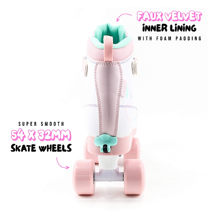 The CREAM Scoop Hearts Adjustable Quad Roller Skates in White and Pink are shown from behind, featuring a faux velvet mint green inner lining, foam padding, and smooth 54x32mm pink wheels. Crafted with vegan leather, these adjustable quad skates provide both comfort and style. Text annotations highlight these features on a white background.
