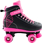 The CREAM Scoop Vivid Adjustable Quad Roller Skates in black and pink feature vibrant pink wheels, matching laces, and an adorable ice cream cone design on the side. Made from durable vegan leather, these beginner-friendly roller skates showcase the word "cream" on both the strap and wheels for a playful touch of sweetness.