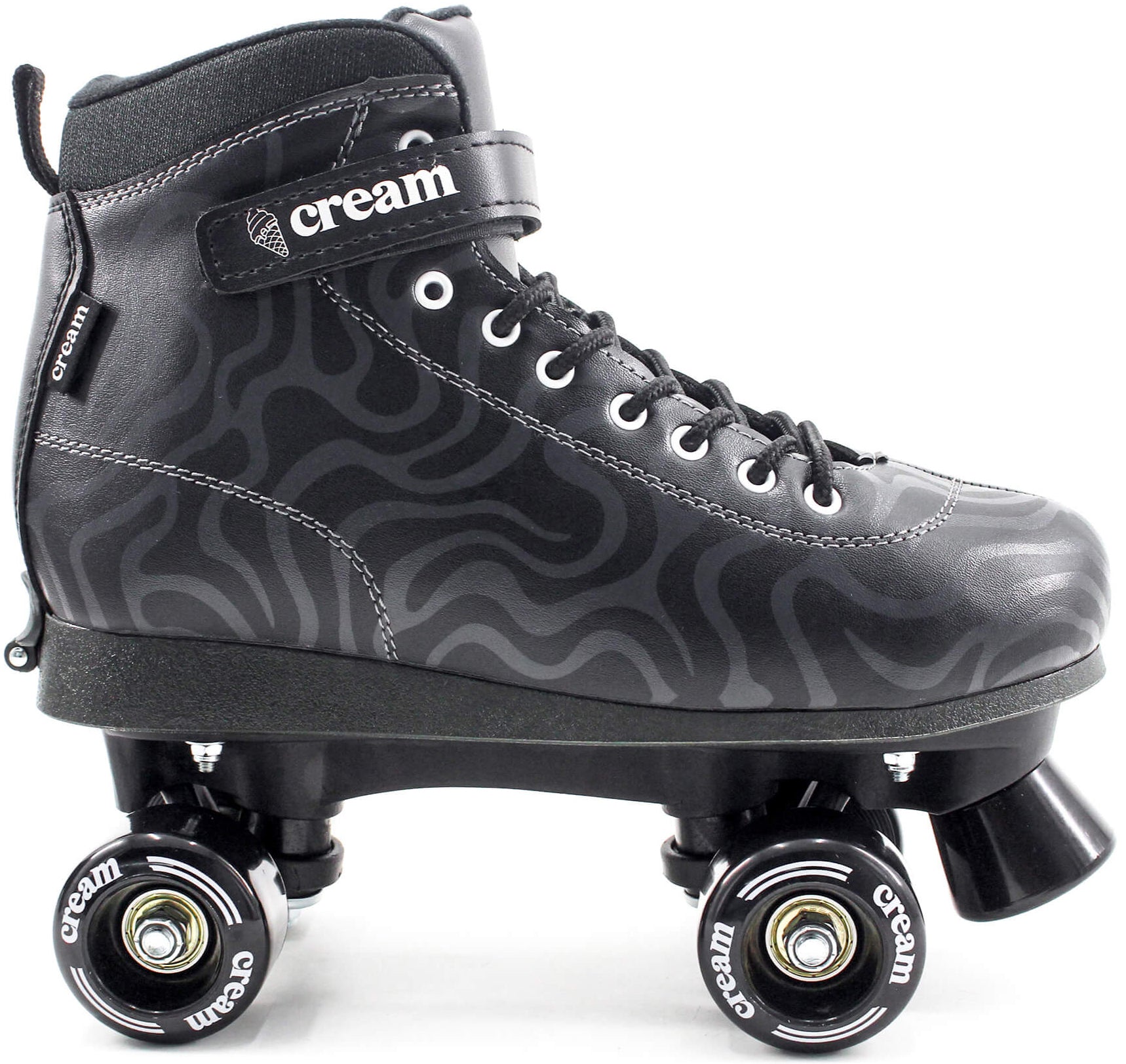 The CREAM Scoop Wave Adjustable Quad Roller Skates - Black feature a high-ankle design in black vegan leather with wavy gray patterns, black laces, a Velcro strap labeled "CREAM," and four black wheels also marked with the CREAM brand. Complete with a sturdy black sole and adjustable quad setup, these skates are perfect for beginner roller skaters.