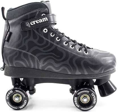 The CREAM Scoop Wave Adjustable Quad Roller Skates - Black feature a high-ankle design in black vegan leather with wavy gray patterns, black laces, a Velcro strap labeled "CREAM," and four black wheels also marked with the CREAM brand. Complete with a sturdy black sole and adjustable quad setup, these skates are perfect for beginner roller skaters.