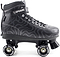 The CREAM Scoop Wave Adjustable Quad Roller Skates - Black feature a high-ankle design in black vegan leather with wavy gray patterns, black laces, a Velcro strap labeled "CREAM," and four black wheels also marked with the CREAM brand. Complete with a sturdy black sole and adjustable quad setup, these skates are perfect for beginner roller skaters.