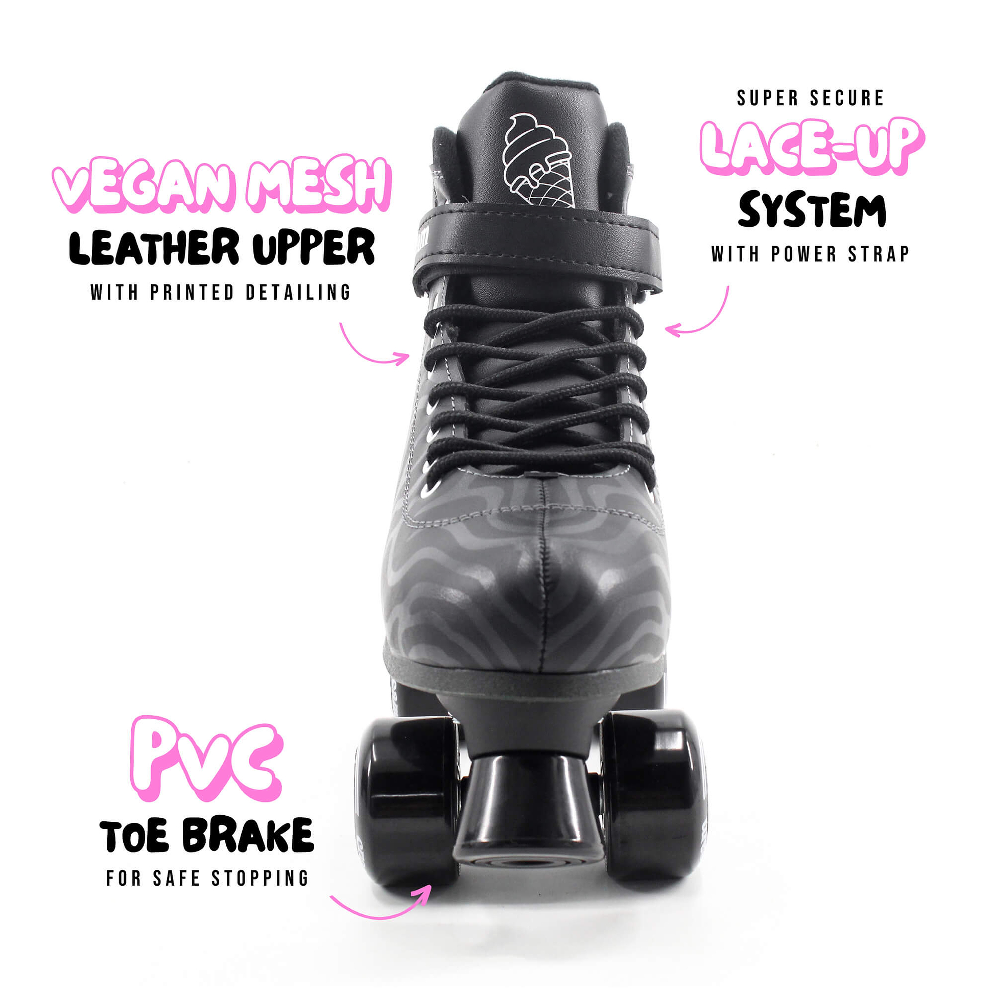 Front view of the CREAM Scoop Wave Adjustable Quad Roller Skates - Black by CREAM, featuring labeled highlights of its vegan mesh leather upper, secure lace-up system with power strap, and a durable PVC toe brake for safe stopping. Bold, colorful text spotlights each feature—making these stylish and long-lasting skates an ideal choice for beginner skaters seeking quality and flair.