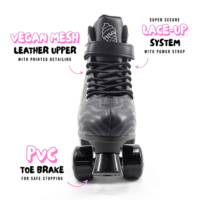 Front view of the CREAM Scoop Wave Adjustable Quad Roller Skates - Black by CREAM, featuring labeled highlights of its vegan mesh leather upper, secure lace-up system with power strap, and a durable PVC toe brake for safe stopping. Bold, colorful text spotlights each feature—making these stylish and long-lasting skates an ideal choice for beginner skaters seeking quality and flair.