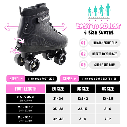 CREAM Scoop Wave Adjustable Quad Roller Skates - Black feature black vegan leather construction, four wheels, and come with clear adjustment instructions plus a sizing chart for EU, UK, and US sizes based on foot length. Pink and black text and graphics highlight the easy three-step size adjustment process, making these CREAM adjustable quad roller skates ideal for beginners.