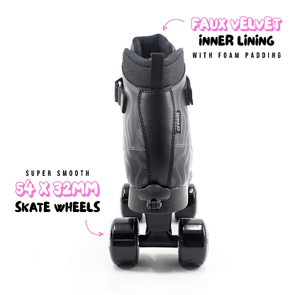 The CREAM Scoop Wave Adjustable Quad Roller Skates – Black feature premium vegan leather, a faux velvet inner lining, foam padding, and extra-smooth 54 x 32mm wheels. Designed by CREAM for beginner skaters, these stylish black skates offer comfort and support with their thick wheels. The product text highlights key features in pink and black fonts. Shown from the back view.